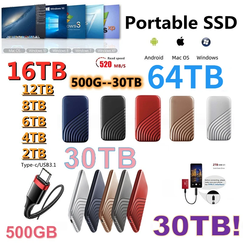 

Protable SSD 500GB 1TB Type-C High Speed USB3.1 16TB 8TB 6TB 4TB 2TB External Solid State Drive Mobile Hard Drive for Computer