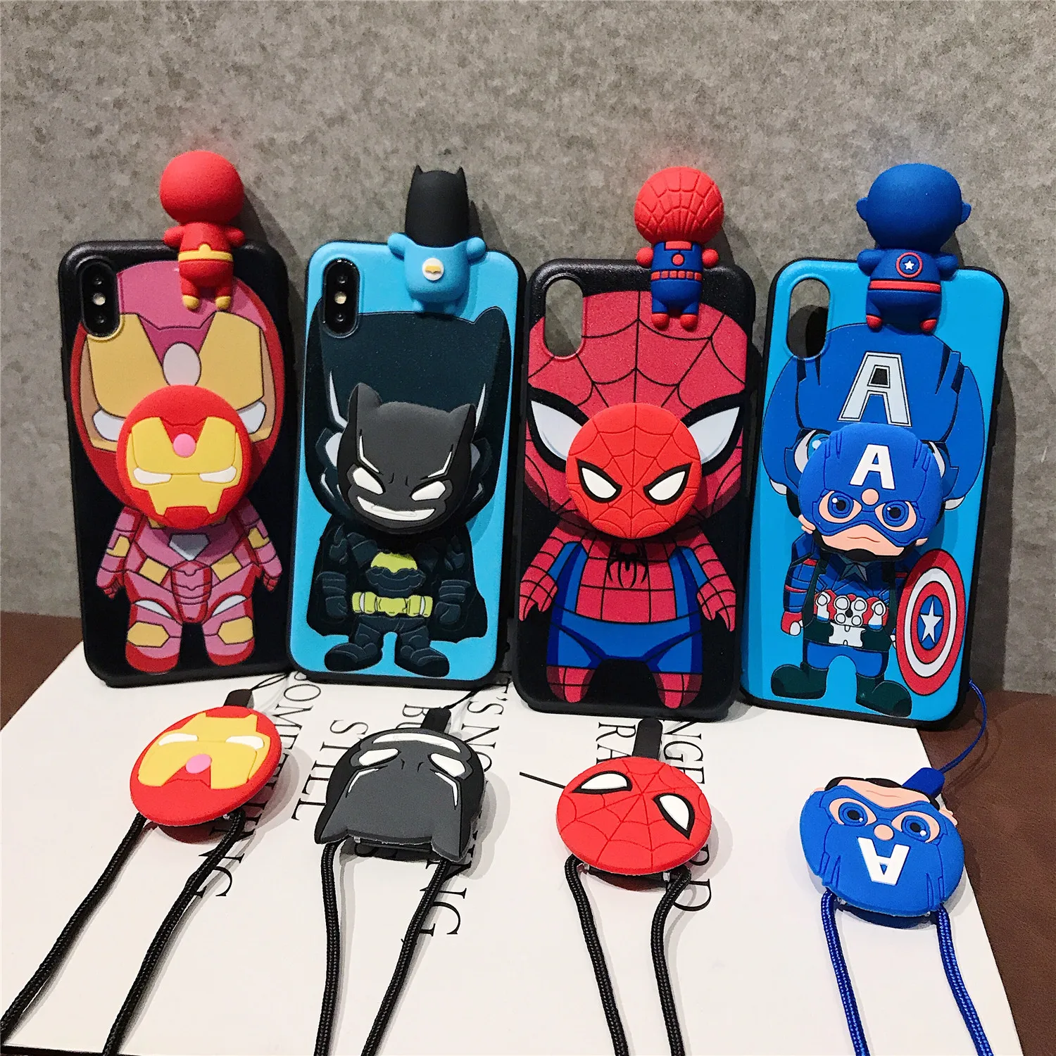 For iPhone 6 6s 7 8 X Xs Max XR 11 12 13 14 Pro SE Max Spiderman Iron Man Captain America Phone Case With Holder Strap Rope