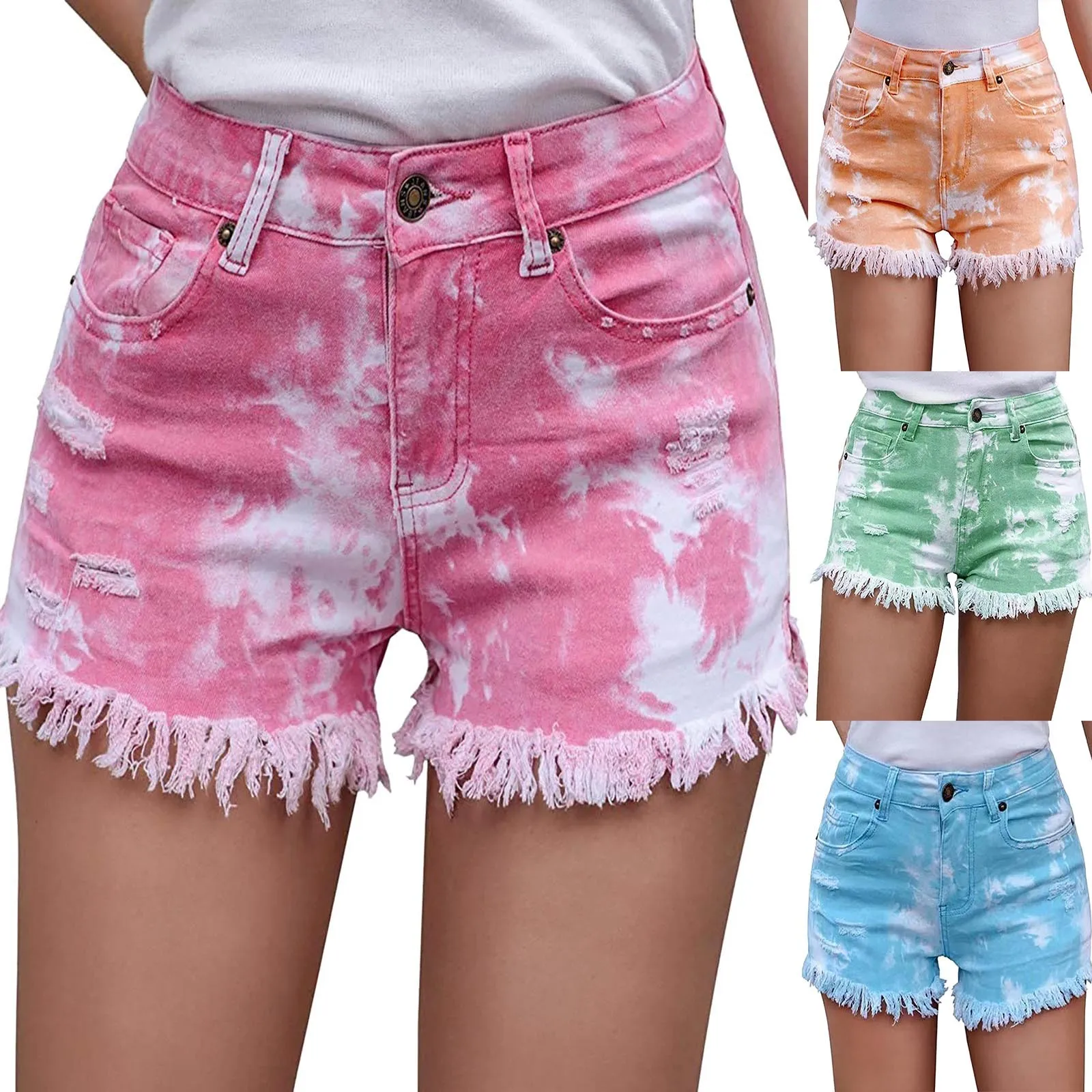 

Женские рваные джинсовые шорты на пуговицах, розовые винтажные Летние повседневные шорты с бахромой и высокой талией, Y2k