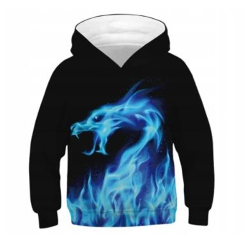 

3-14 Age Pullover Flame 3D Blue Dragon Hoodies Sweatshirts Boy Girl ThinStyle Cool Funny Harajuku Kids Clothes Child Clothing