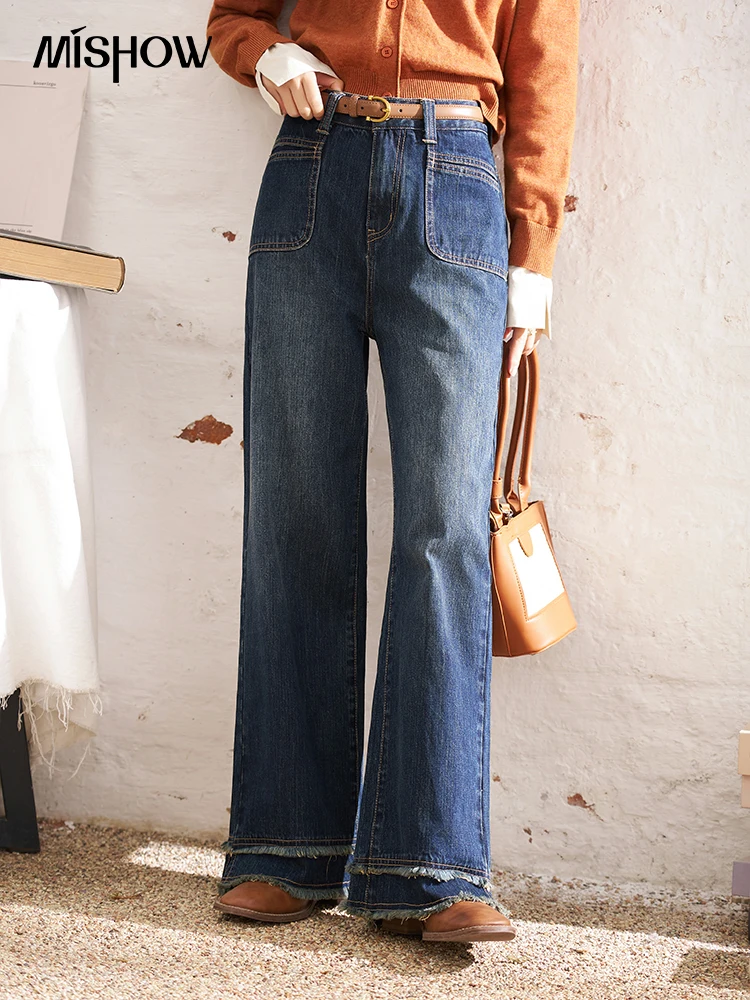 o wysokiej talii dżinsy retro dla kobiet 2024 wiosenny brzeg dwuwarstwowe kieszenie z surowymi krawędziami kobiece luźne spodnie szerokimi