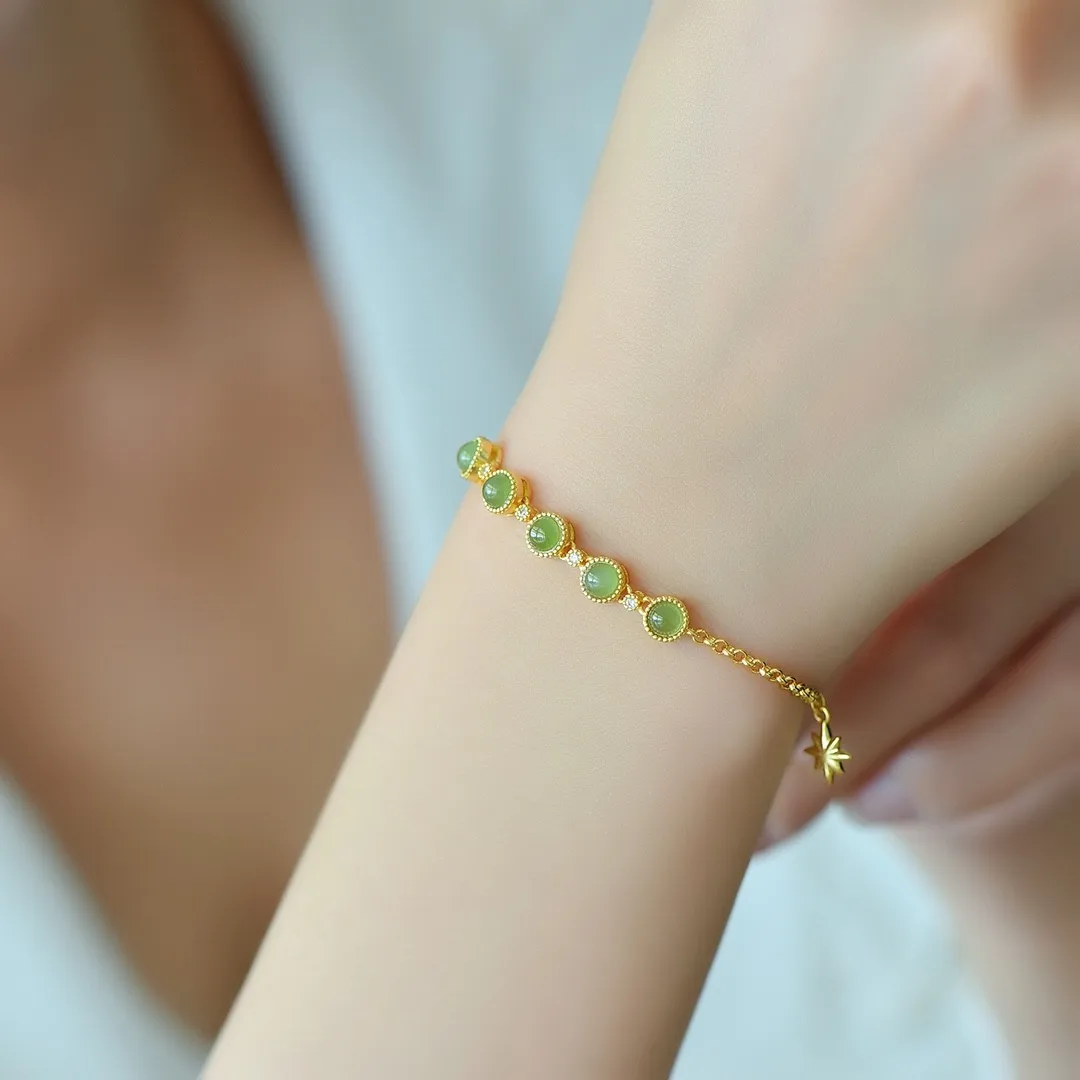 

Натуральный зеленый нефритовый браслет, очаровательный браслет со звездами, Женский Восстанавливающий драгоценный камень, ювелирные изделия, подлинные медные браслеты из нефрита