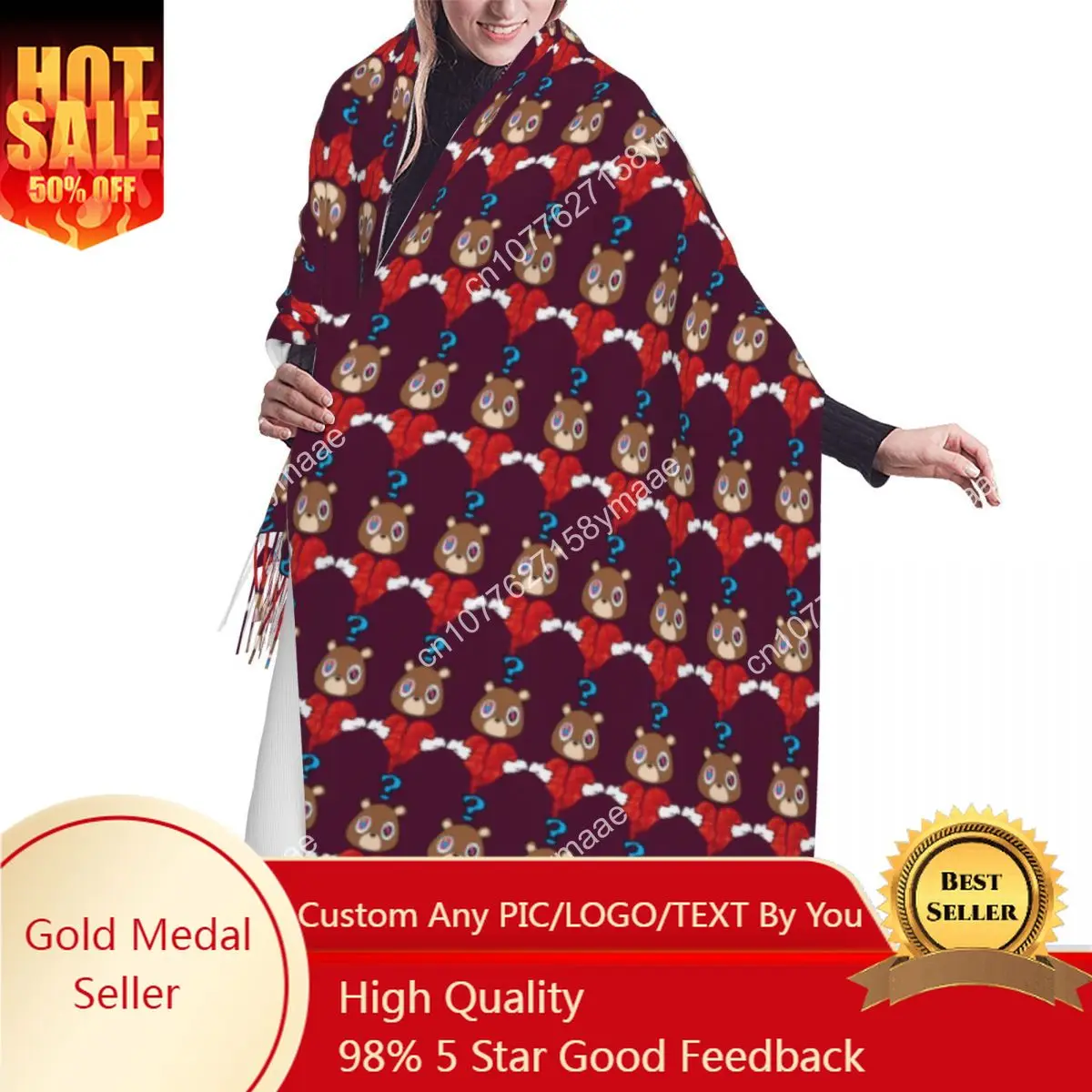 

Custom Saudi Arabian Kanye West Bear Heart Break Tassel Scarf Women Soft Versatile Shawls Wraps Female Winter Scarves