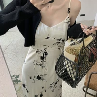 sleeveless spaghetti strap print office dress for lady square collar a line korean dress backless pleated maxi dress summer 2022