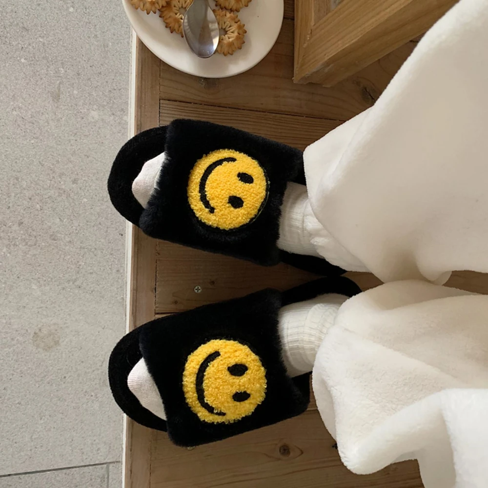 winter new kawaii cartoon ladies house fur slippers open toe bedroom cute smiley pattern home women fluffy slippers slides free global shipping