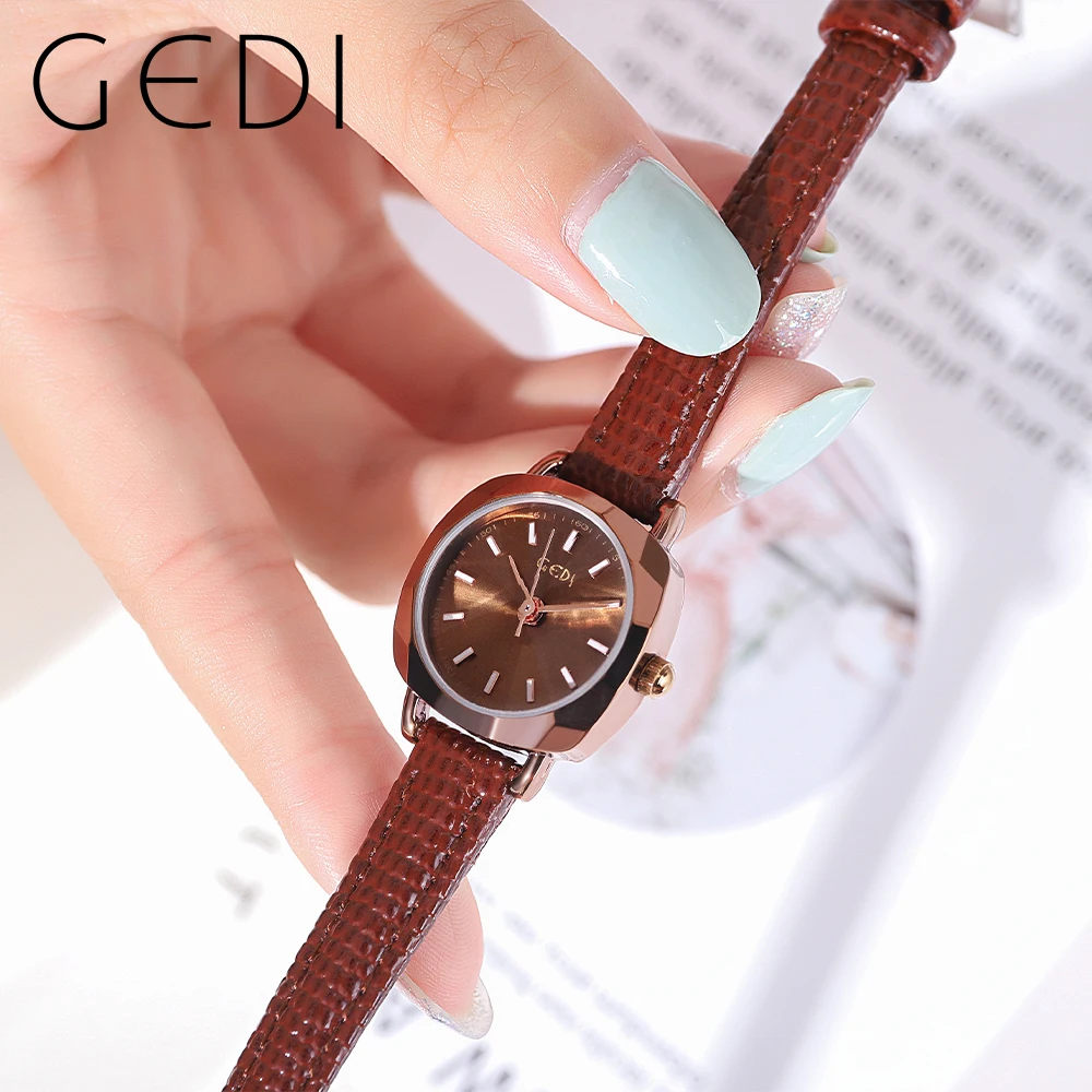 GEDI Retro Fashion Square Quartz Wrist Watch for Women Luxury Brand  Leather Strap Vintage Ultra-thin Waterproof Ladies Watches