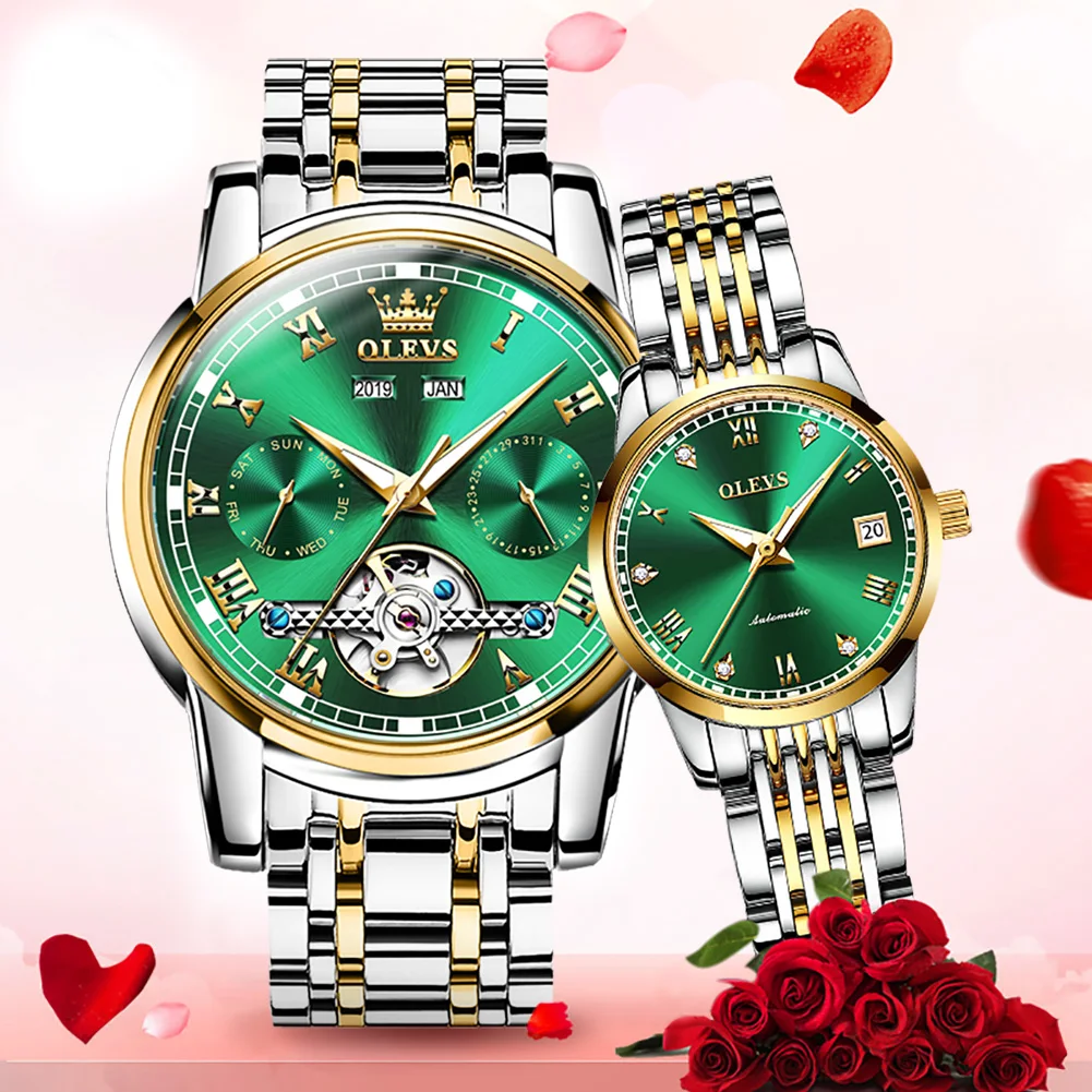 OLEVS New Luxury Couple Watch Automatic Mechanical Wristwatch Fashion Lover Classic Waterproof Watches Lover's Gifts