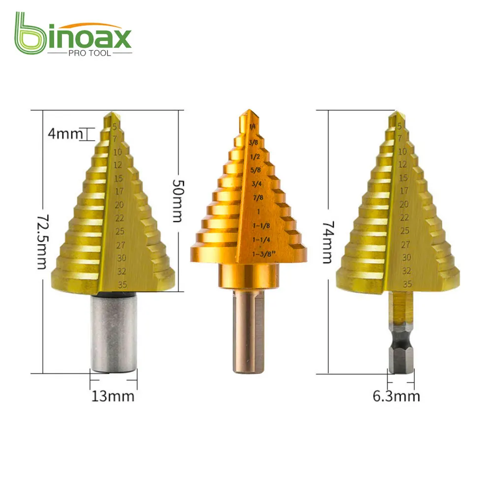 

Binoax HSS Step Drill Tool 4-35MM 9/13 Steps Multiple Hole Metals Platic Wood Cone Drill Bits
