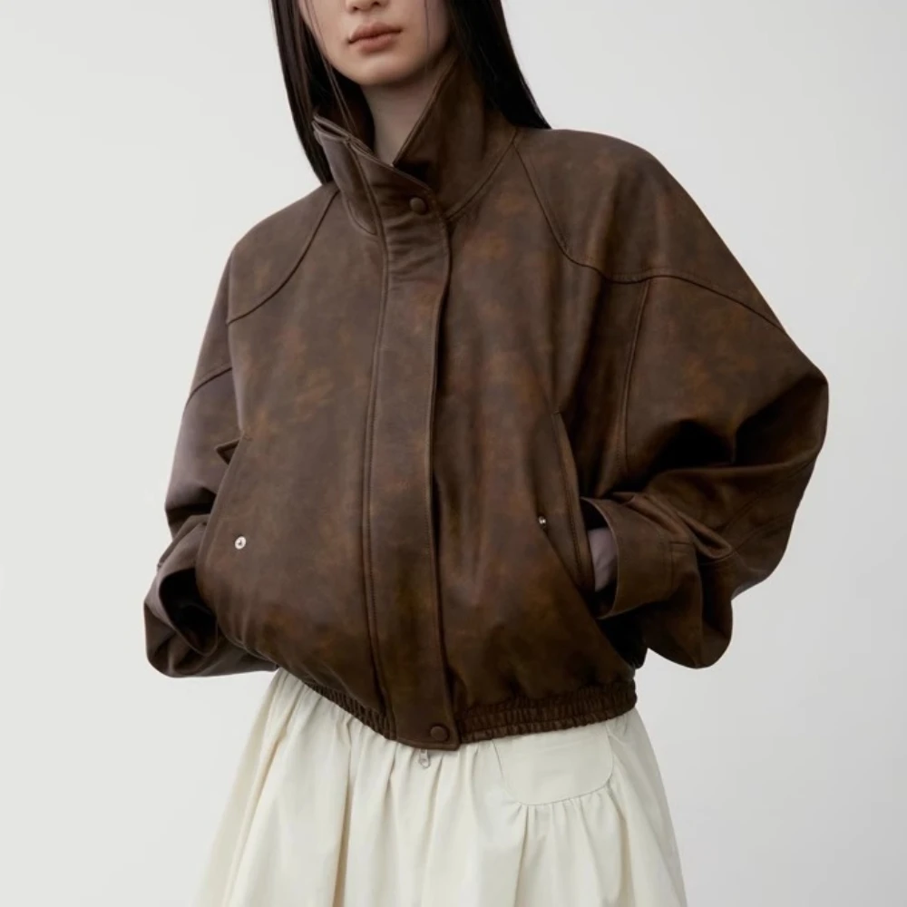 Women's L*W Leather Jacket Coat Autumn and Winter High Collar Arc Shoulder Sleeve Halo Dyeing Doing Old Short Tops