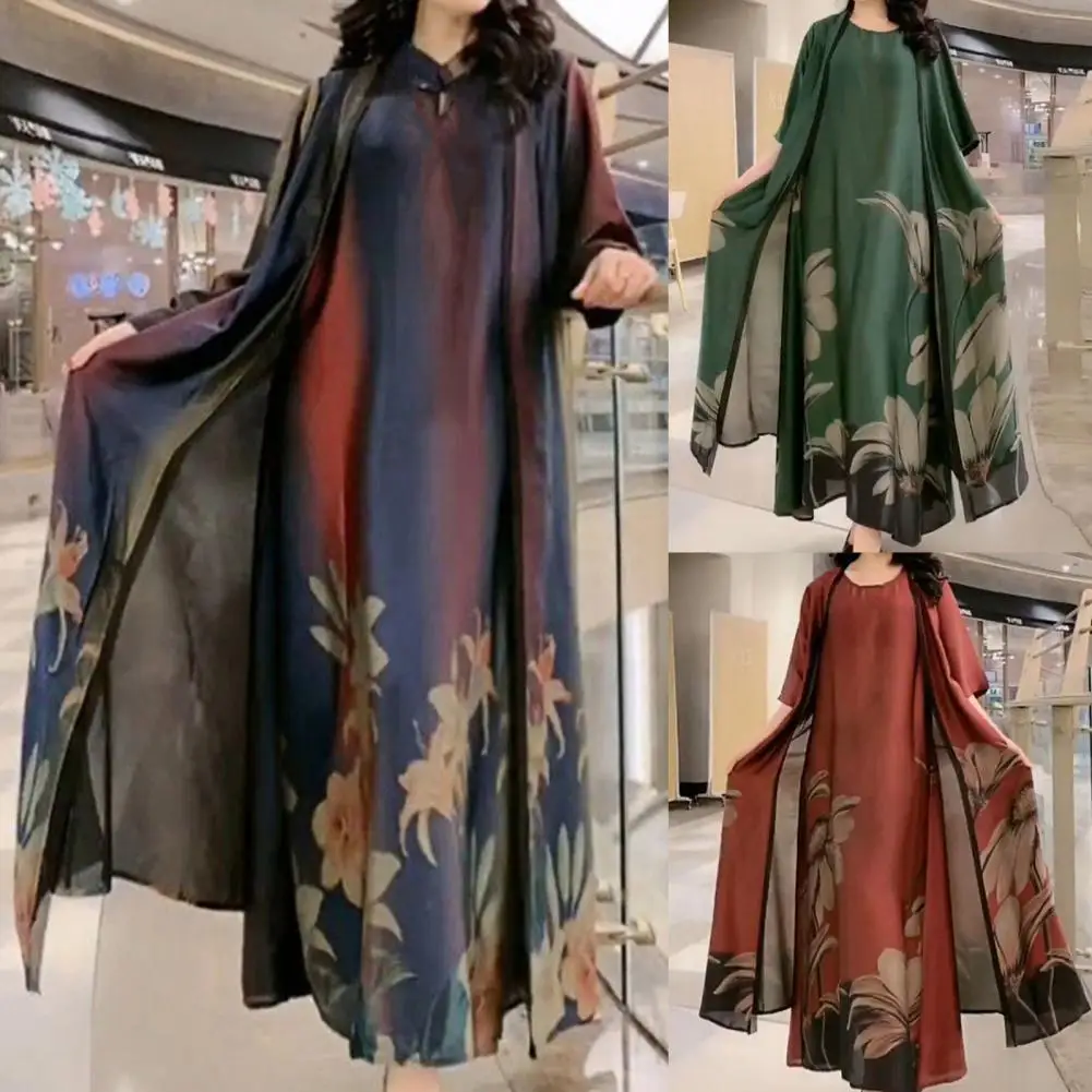 

Dress Coat Set Retro Chinese Style Maxi Dress Coat Oversize Women Dress Coat