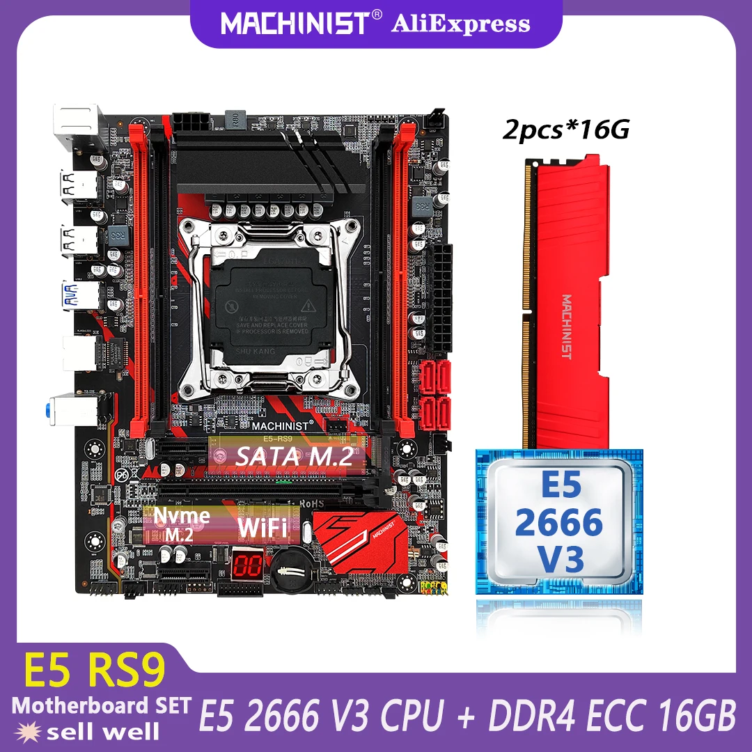 

Комплект материнской платы MACHINIST X99 LGA 2011-3, процессор Xeon E5 2666 V3 с 16 Гб DDR4 ECC RAM память Nvme Sata M.2 RS9