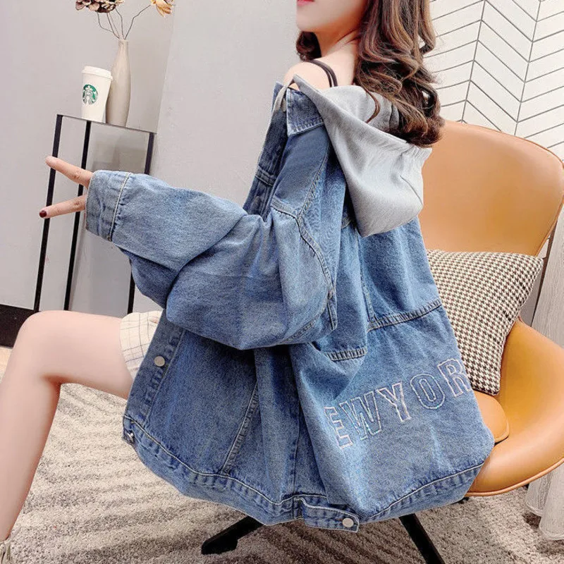 

Hooded Denim Jacket Women's Korean Loose 2022 New Spring And Autumn Letter Print Casual Simple Daily Matching Cowboy Coat