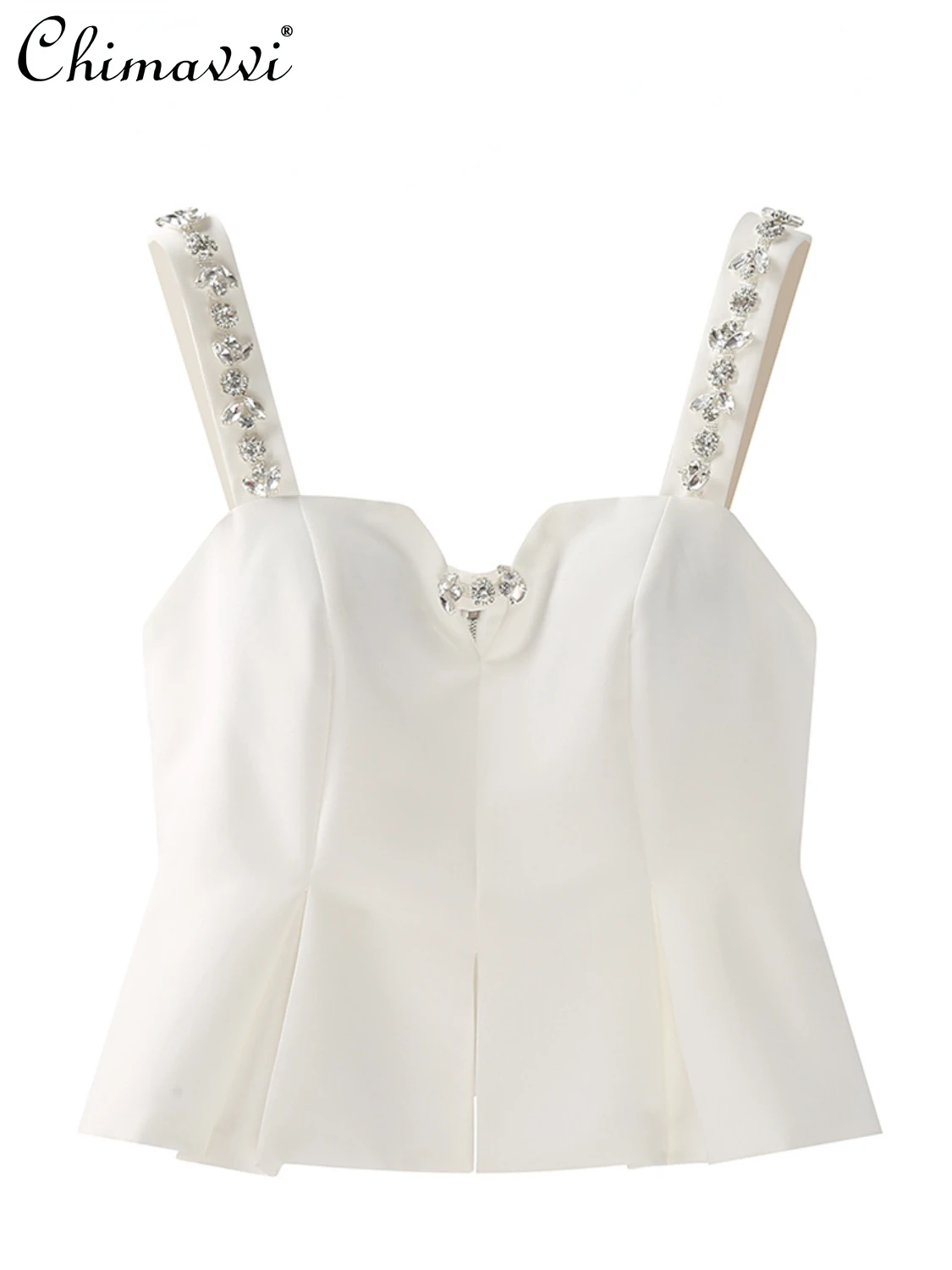 

Fashion Solid Color Diamond Inlaid Short Camisole for Ladies 2022 Summer New Slim Fit All-Matching Pleated Sling Women's