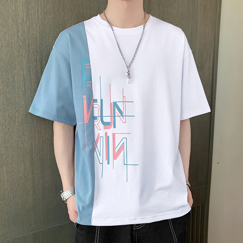 

Футболка мужская с коротким рукавом, модная повседневная рубашка в стиле хип-хоп, уличная одежда в стиле пэчворк, корейский Молодежный топ в...