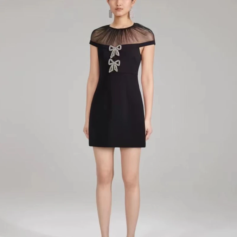 

Latest Vintage 2022 Summer Autumn Top Quality Mesh Patchwork Crystal Bow Elegant Bodycon Mini Black Dress for Women
