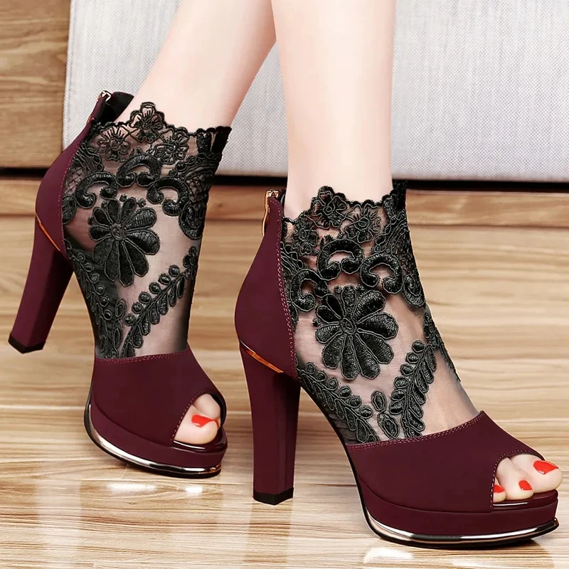

2022 Spring And Summer New Fish Mouth Mesh Sandals Women's High Heels Waterproof Platform Women's Shoes Thick Heels Fashion