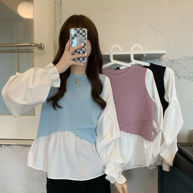 

Chiffon Spliced Irregular Round Neck Pullover with Bubble Sleeve Shirt for Women