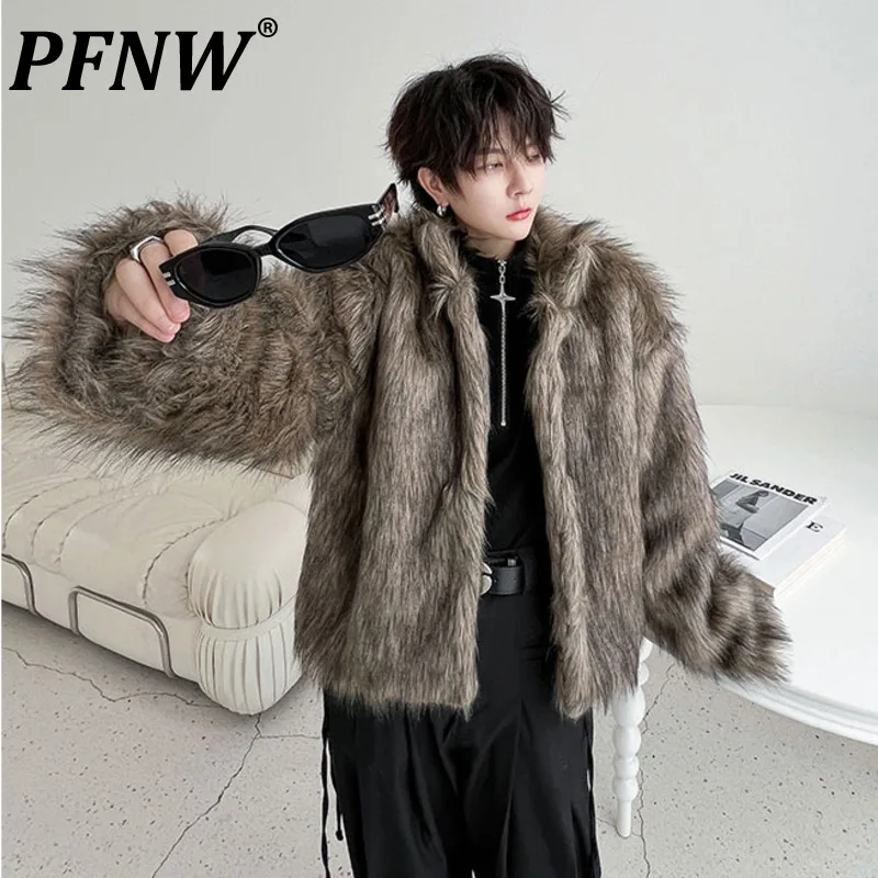 PFNW 2024 зимнее однотонное мужское пальто с планкой на пуговицах и лацканами из меха