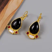 Black Onyx Yellow Gold Plated Leverback Dangle Earrings For Women Elegant Pearl Drop Earring Jewelry