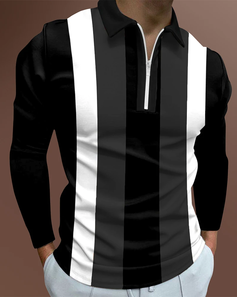 

Men's Casual Autumn Long Sleeve Polo Shirts Men Zip Tee Shirt Men Tops Street Golf Clothing Male Striped Print Clothes 2022
