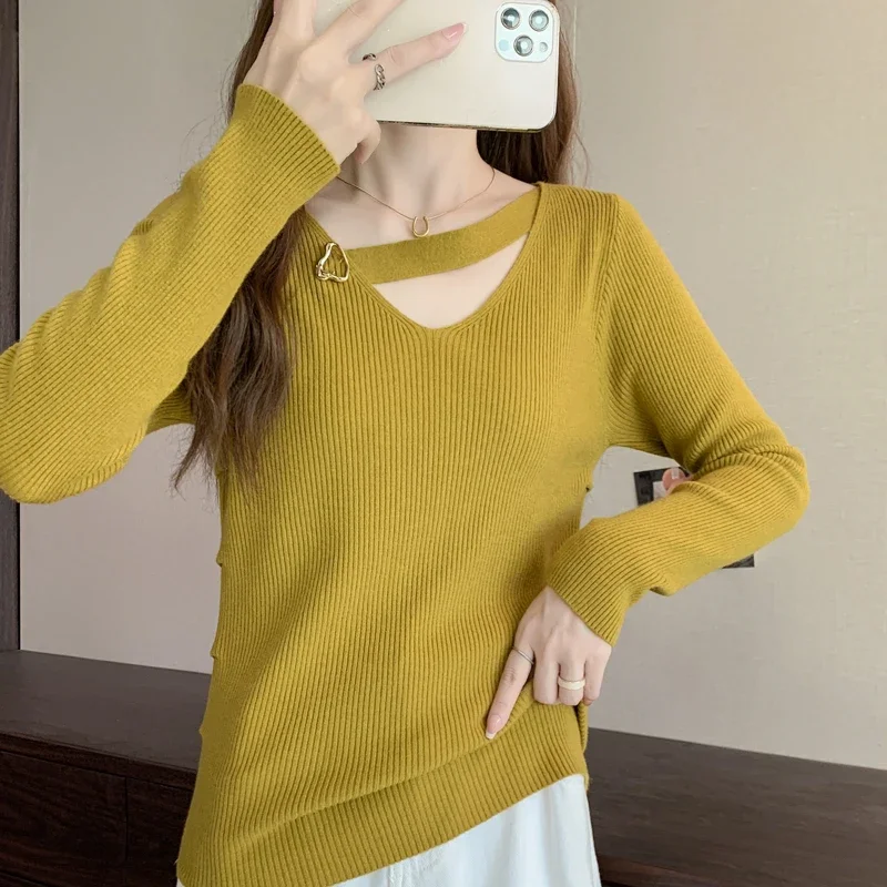 Новый вязаный свитер с длинными рукавами женские пуловеры черный v-образным