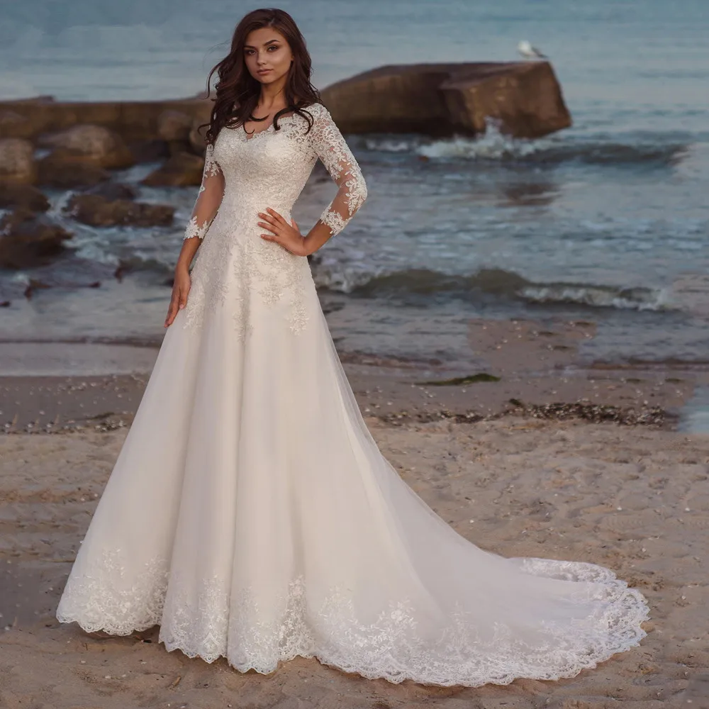 Long Wedding Dress Eleagnt Long Sleeves V Neck Lace Appliques A Line Tulle Sweep Train Bridal  For Women Robe De Mariee Summer