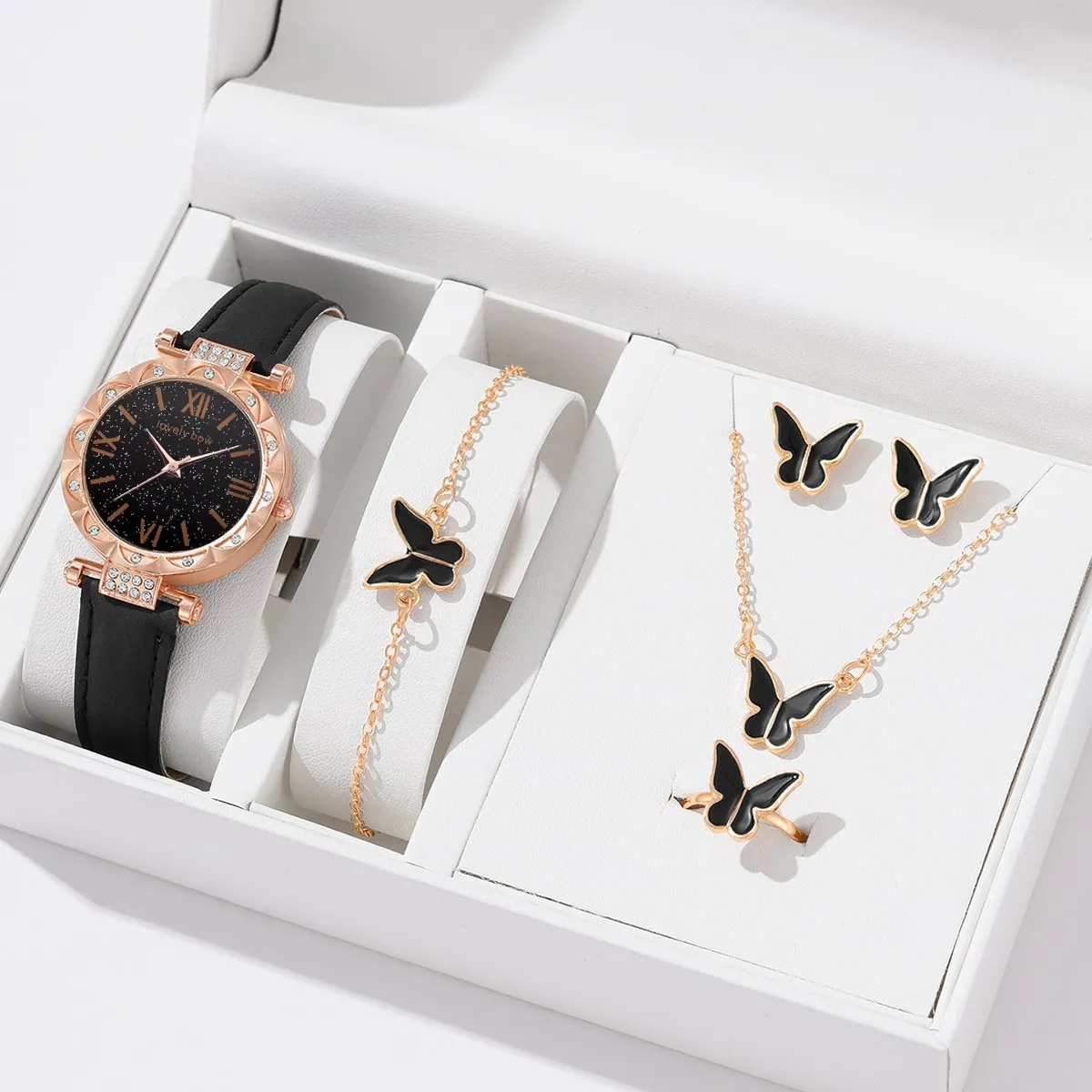 

6 шт. модные роскошные часы, женские кольца, ожерелье, серьги, браслет, часы, кожаный ремешок, Женские кварцевые наручные часы без коробки