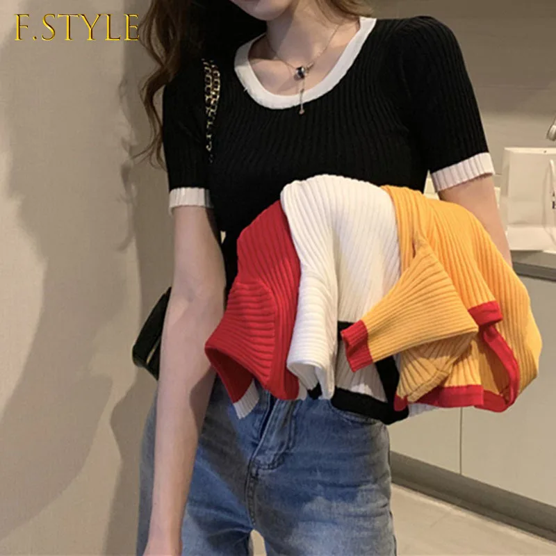 

Stylishe Women Crop Top Knitted O Neck Striped Y2K Short Sleeve T Shirts Female Summer Vintage Slim Black White Tops Ladies New