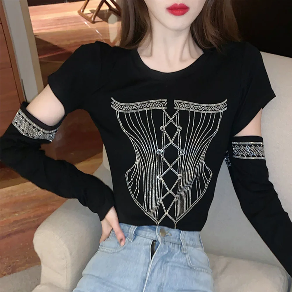 

Новинка весна-осень 2022, Корейская женская футболка, Облегающая рубашка с круглым вырезом и длинным рукавом, топы с вырезами и бриллиантами ...