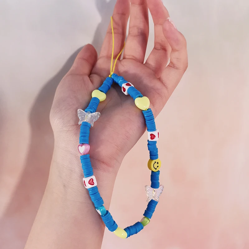 

Mobile Phone Lanyard Short Wrist Lanyard Creative Blue Circle Smiley Face Beaded Lanyard Jewelry Pendant Anti-lost Keys Lanyard