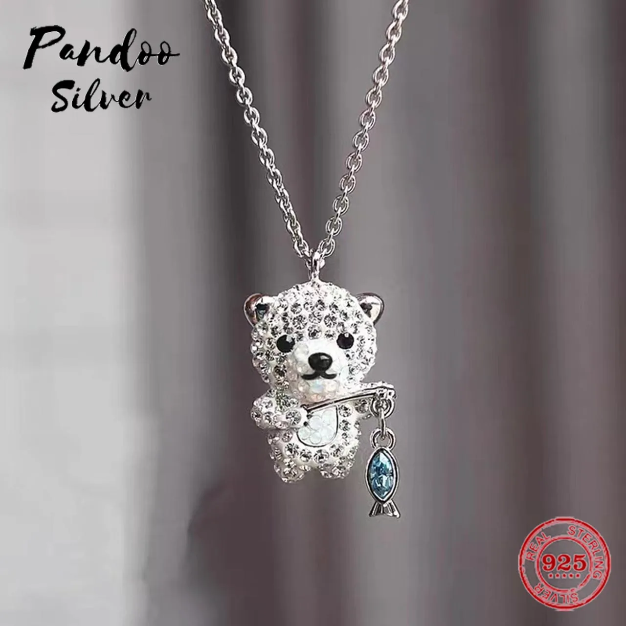 

PANDOO модные оригинальные аксессуары из чистого серебра 925 пробы, милая и живая цепочка для ключицы с медведем, женское роскошное ювелирное из...