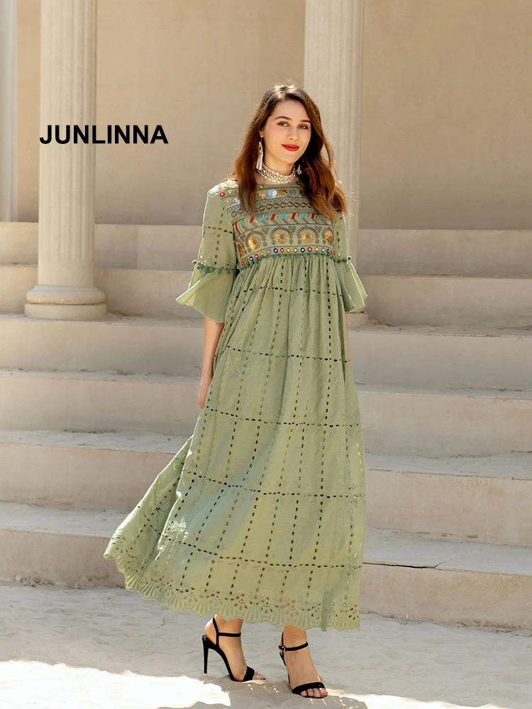 

JUNLINNA Cotton Women Bohemian Dress 2022 Summer New Sequins Embroidery Expansion Vestidos Elegant Lady Dresses