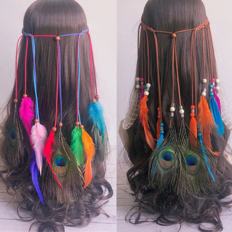 

Boho Colorful Feather Tassel Hairband Beads Braided Ribbon Hair Rope Travel Ethnic Photo Tribal Hair Accessories