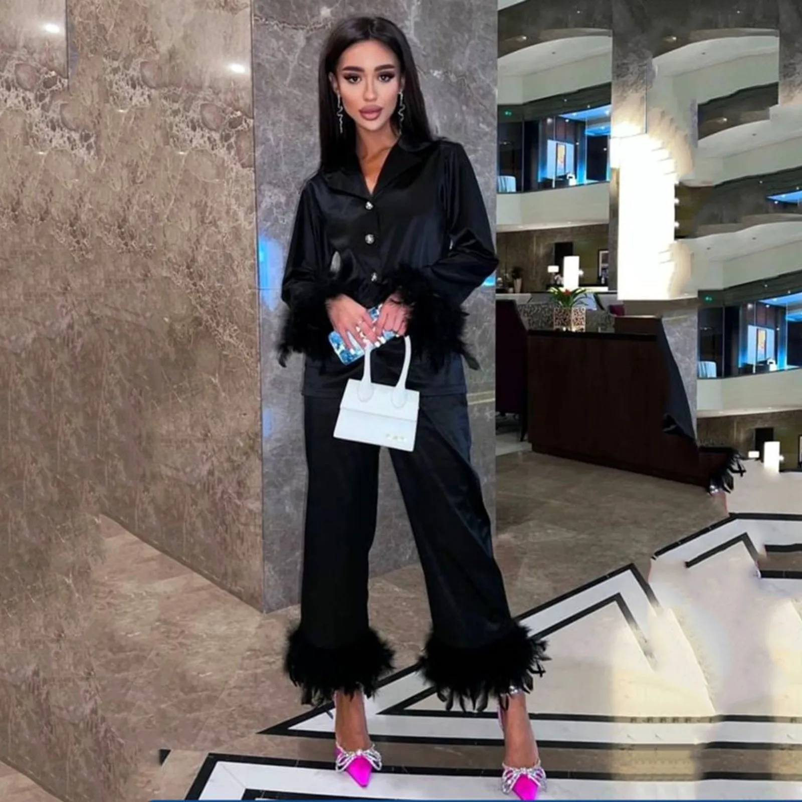 

Fashion Two Pieces Women Set Long Sleeve Feather Tops Pants Set Ladies Sleepwear Nightwear Pajama Set Women Two Piece Suits#H