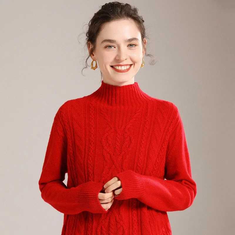 Женский модный утолщенный свитер с высоким воротником до половины поло вязаный