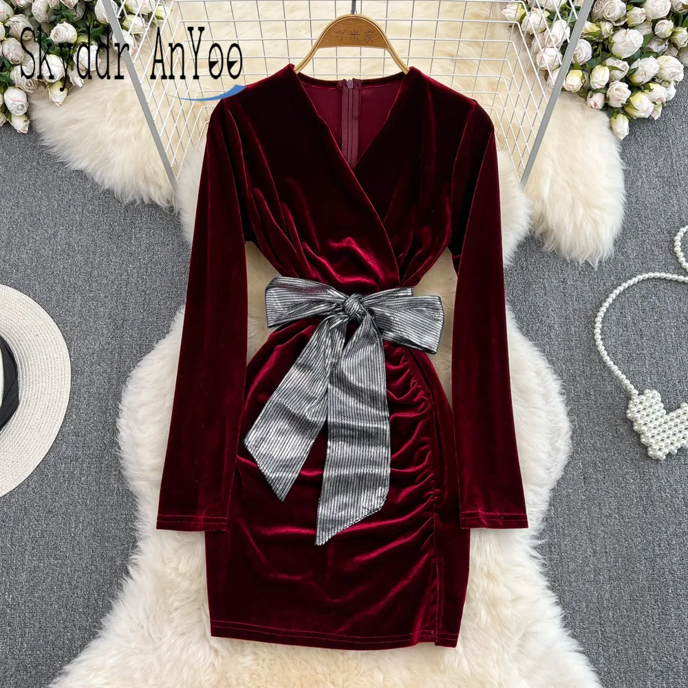 

Женское бархатное платье с длинным рукавом, короткое вечернее облегающее платье с V-образным вырезом и элегантным бантом, Осень-зима 2022