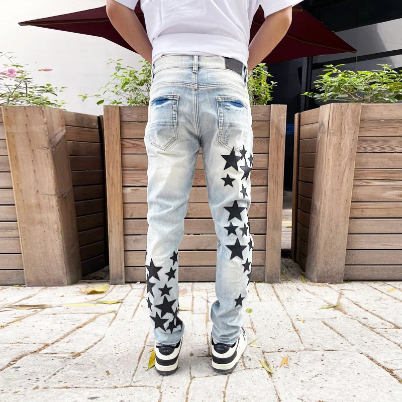 High Street Fashion Men Jeans Retro Light Blue Elastic Skinny Ripped Jeans Men Stars Patch Designer Hip Hop Brand Pants Hombre