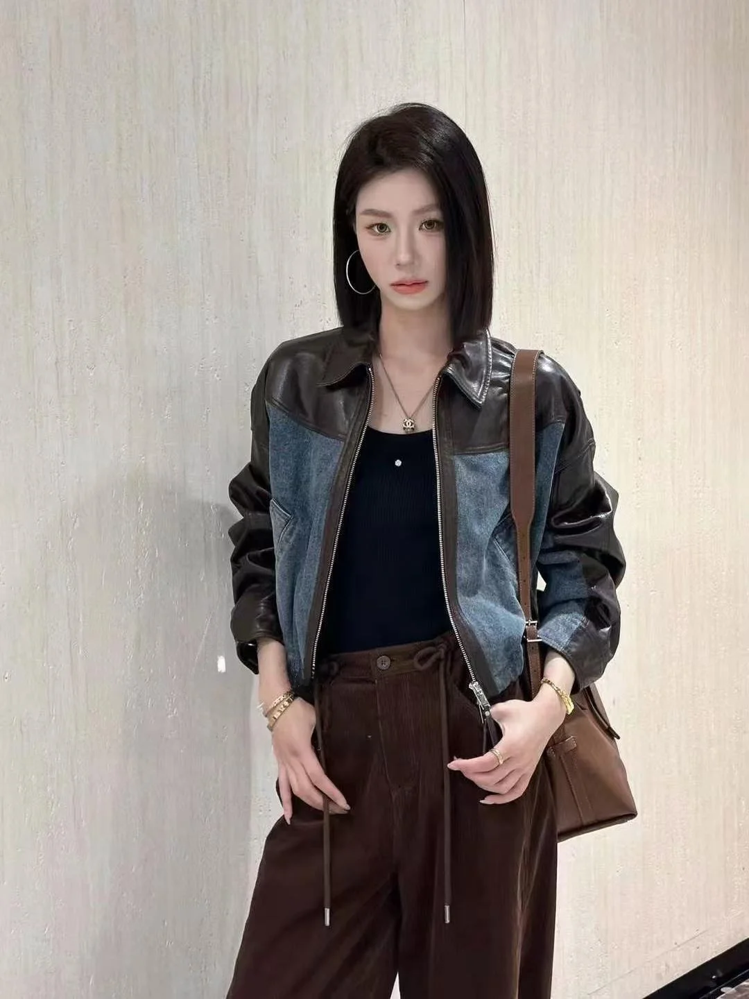 Американское винтажное джинсовое пальто из искусственной кожи с вышивкой