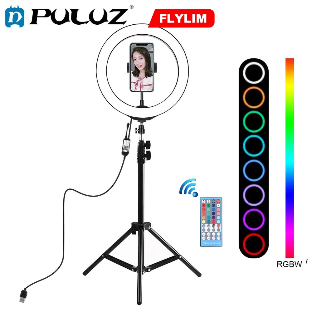 

puluz 1.1m tripod mount+10''26cm rgb led ring vlogging video light live broadcast kits+remote control&tripod ball