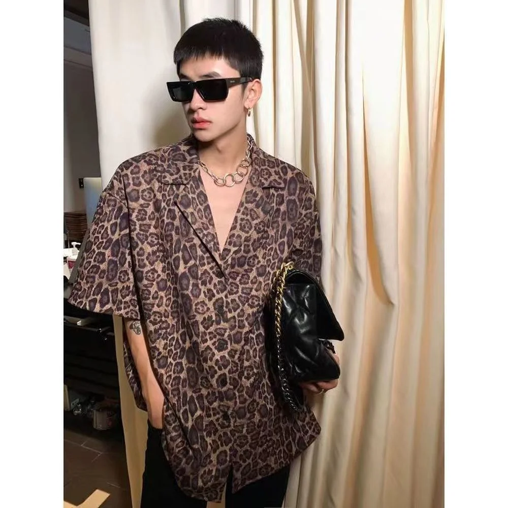 

Leopard Print Hip Hop Loose Button Up Shirt Men Casual Short Sleeve Top Summer Korean Streetwear Shirts Women Blusas Estampadas