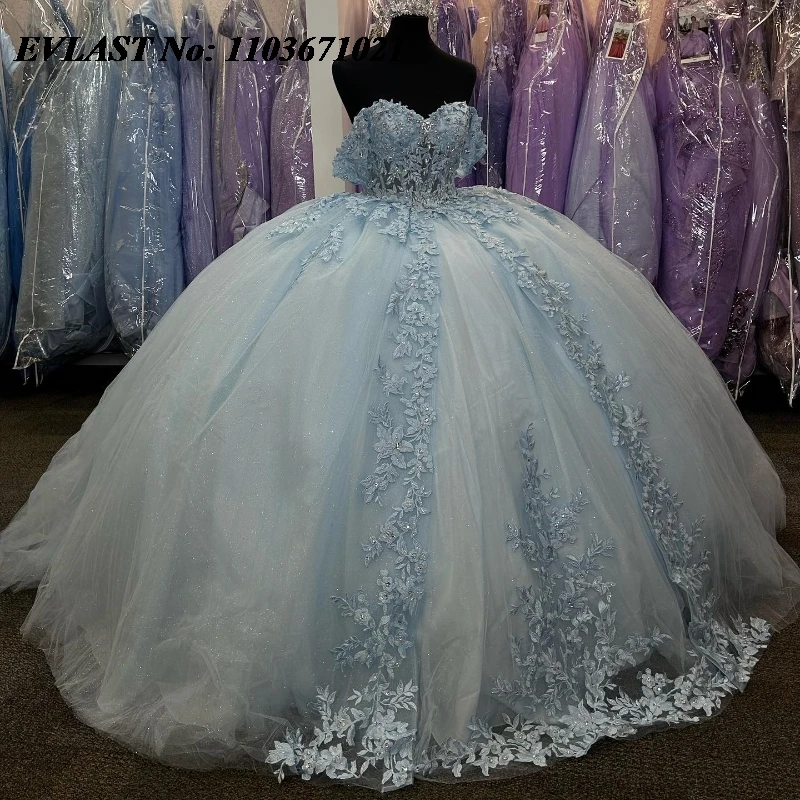 Блестящее синее платье EVLAST Quinnceanera бальное 3D Цветочная аппликация бисер бант