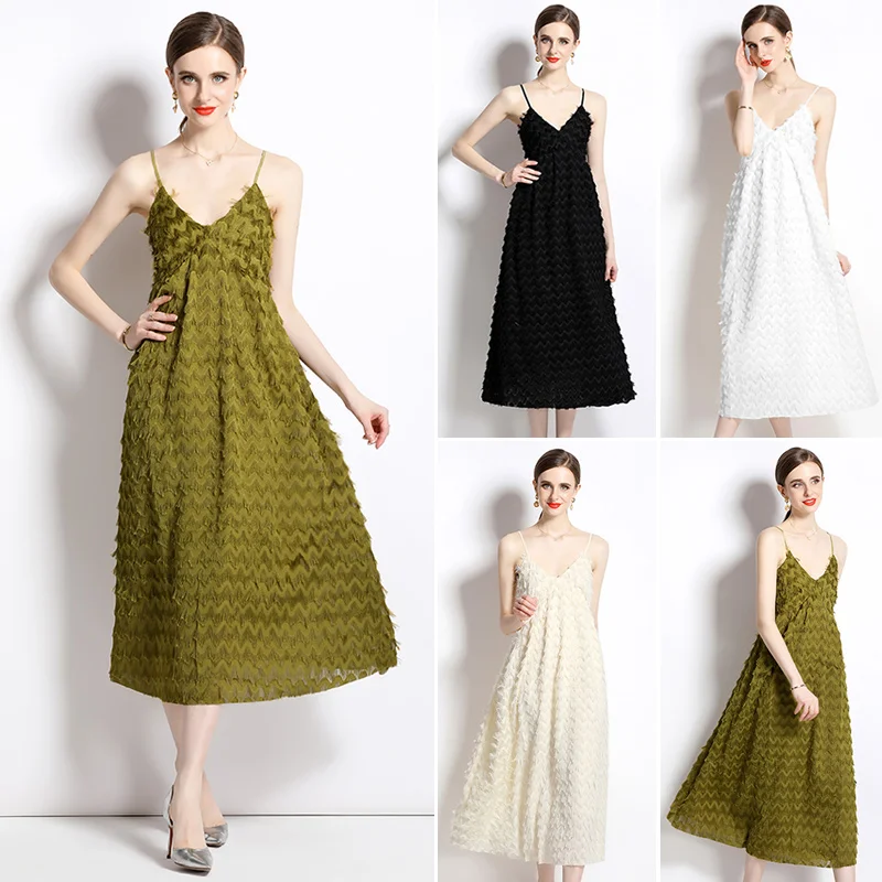 

Летняя коллекция 2023 года, новый с бахромой, легкое облегающее платье из полиэстера, до середины икры, а-силуэт, на тонких бретельках, белое летнее сексуальное платье