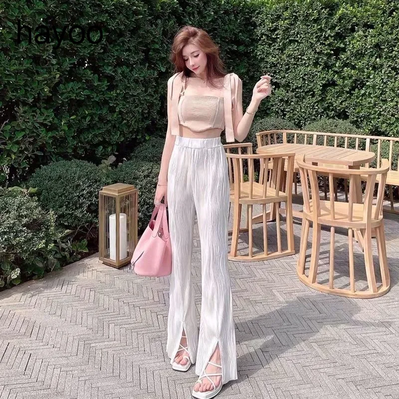 

Брюки женские с высокой талией, повседневные Тонкие штаны с широкими штанинами в складку, с прорезями и шваброй, из ледяного шелка, летние