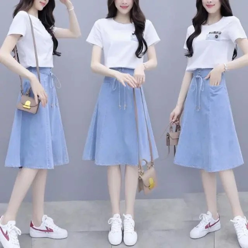 

Women Summer Two Pieces Sets Female O-Neck Short Sleeve Skirts Sets Ladies Sweet Girl Fashion Casual High Waist Skirt Suit A37