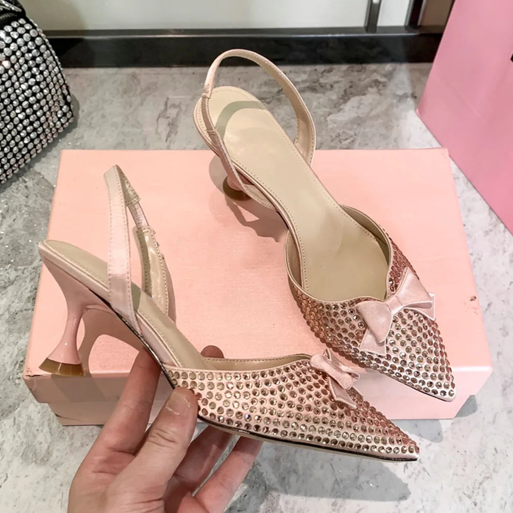 Aminugal 2023 Summer Pointed Toe Crytal Women Pumps Rhinestones Sexy Party Office Lady Elegant High Heels Comfy Slingback Pumps