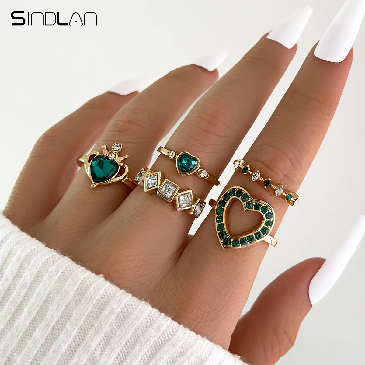 

Sindlan 5Pcs Kpop Green Crystal Heart Rings for Women Charms Queen Geometric Set Luxurious Vintage Female Jewelry Bague Anillos