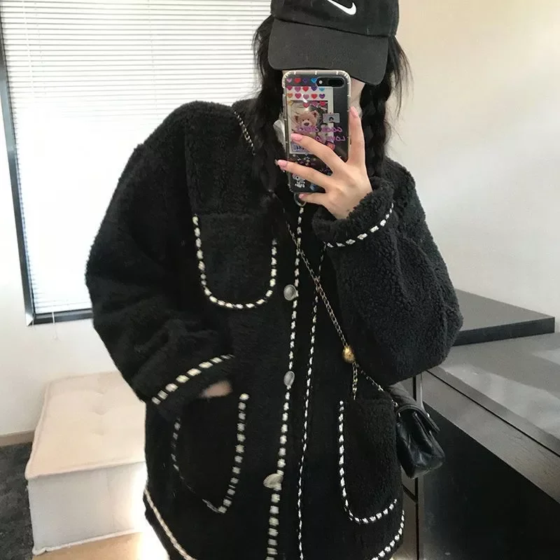 

Женское бархатное пальто из овечьей шерсти, элегантная утолщенная куртка на пуговицах из искусственной овечьей шерсти, Осень-зима 2022