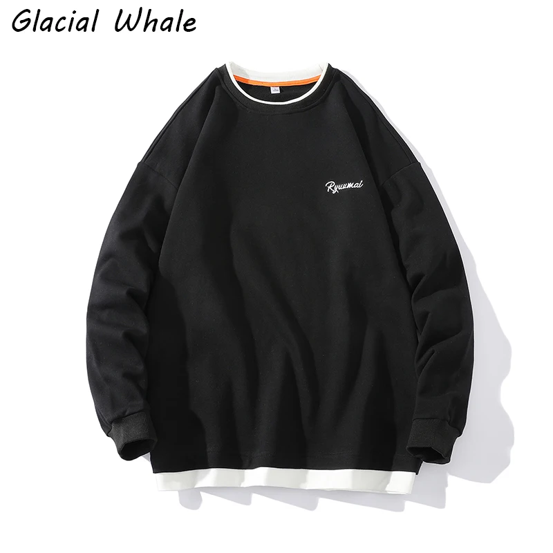 

GlacialWhale Men Crewneck Sweatshirt Men 2022 Solid Patchwork Sweatshirts Oversized Casual Japanese Streetwear Black Hoodie Men