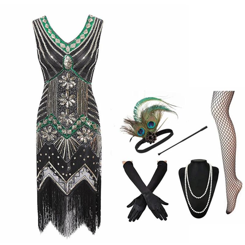 XS-XXXXL 1920s Vintage Green Sequined Women's Fashion Dress Gatsby Fringed Flapper Dress Roaring 20s Party Dress Plus Size