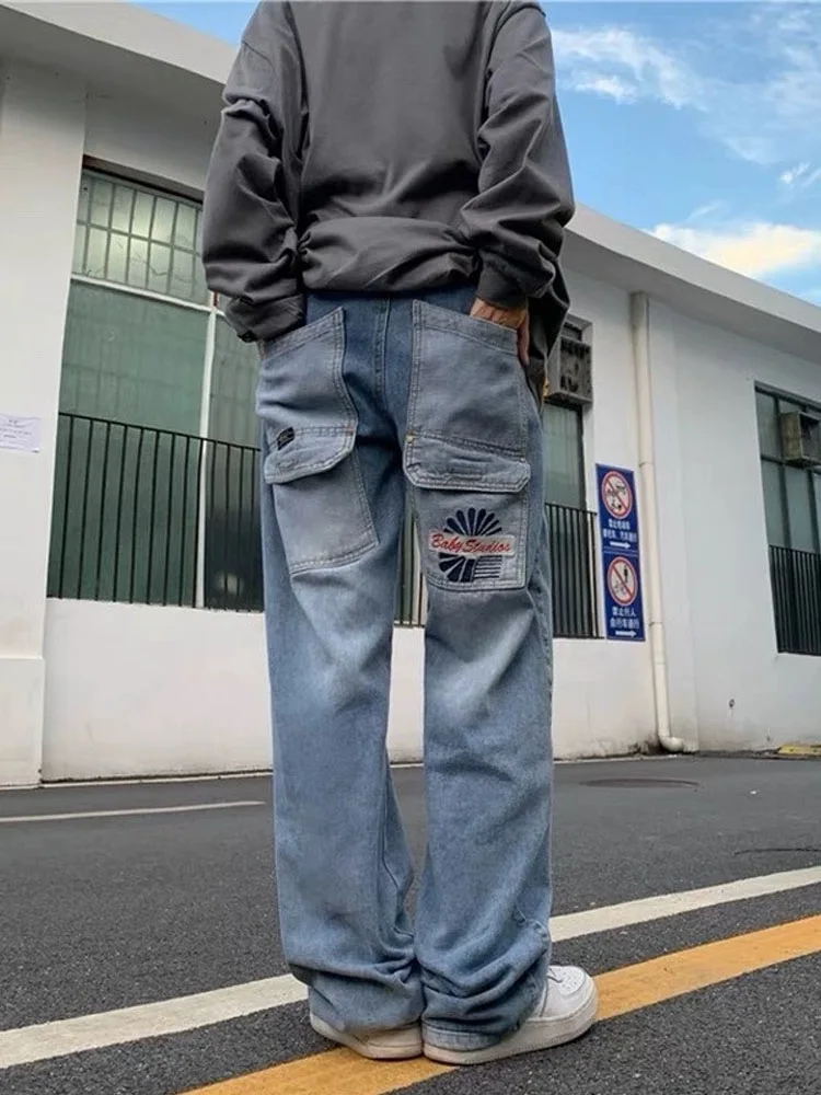 ADAgirl Y2k Baggy Cargo Pants Women Streetwear Vintage Patchwork High Waist Blue Jeans Harajuku Casual Pockets Denim Trousers